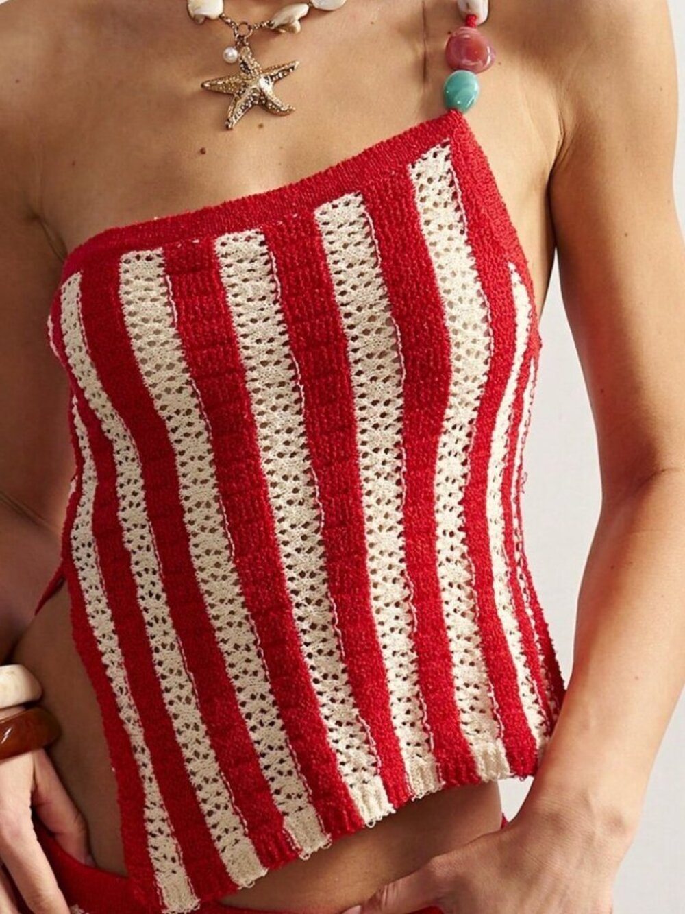 Red Boho Chic Women's Striped Asymmetric Top with Beads - Picture 6 of 7